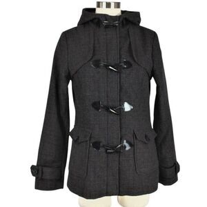 Maralyn & Me Hooded Coat  Zipper Snaps Toggle Buttons Closure Black Plaid Jrs. M